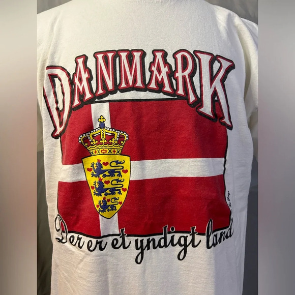 Vintage 90s Denmark Flag Logo single stitch Distressed T-Shirt size XL - Picture 2 of 7